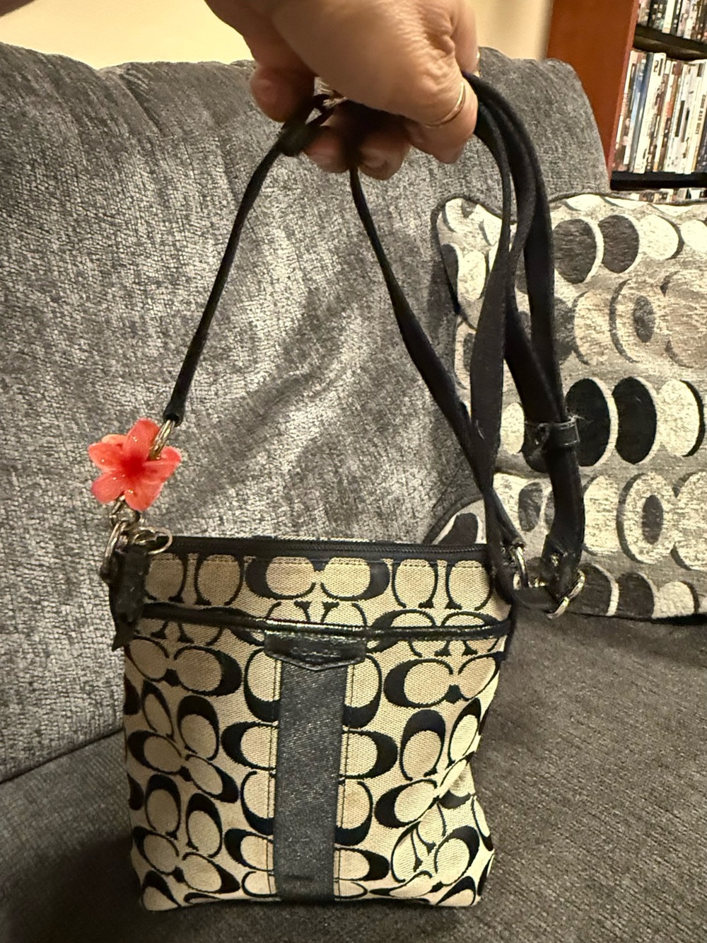 Canvas Signature-Pattern Crossbody Bag in Beige and Black